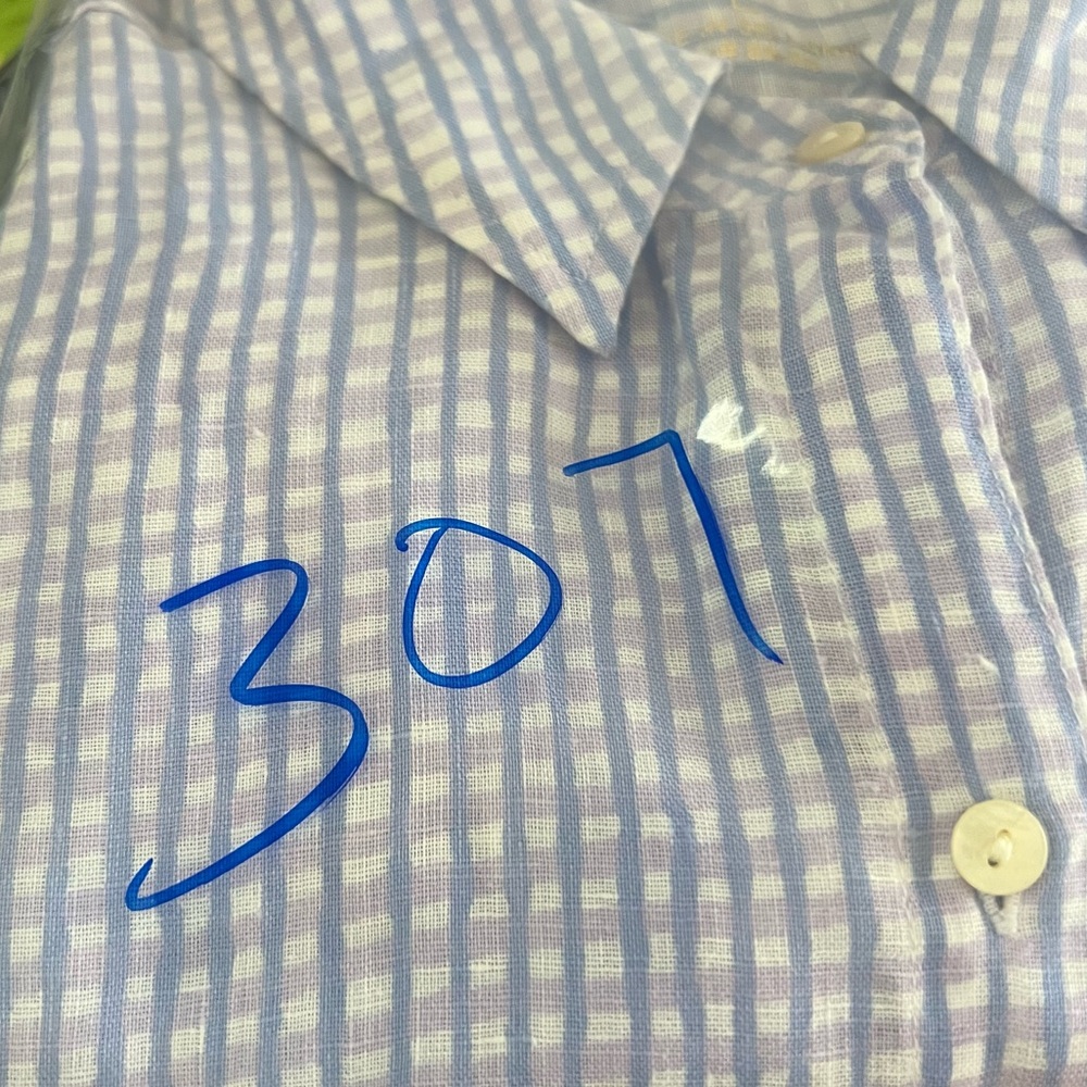 Lilly Pulitzer 100% Linen Button Down Shirt Women’s Purple Blue Plaid Size Large - Picture 15 of 15